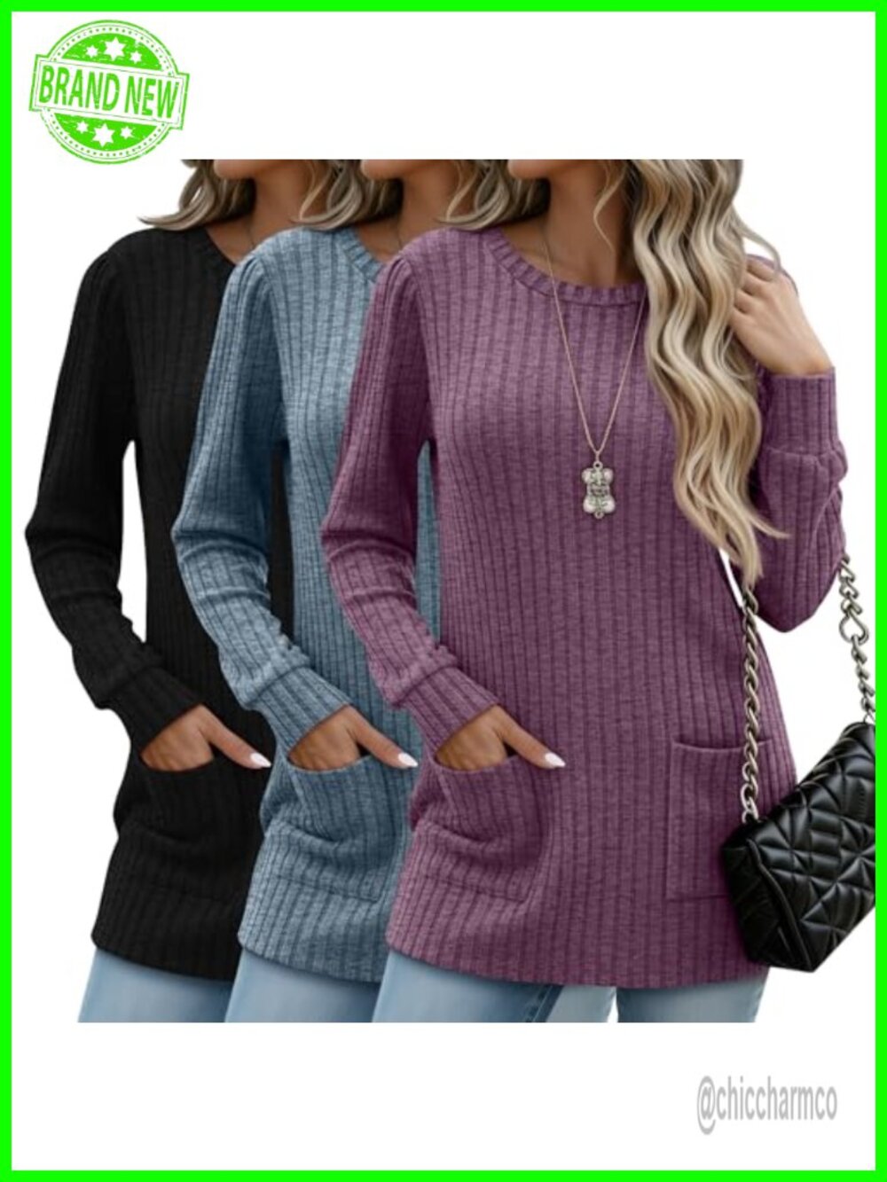 Womens Long Sleeve Ribbed Sweater Tunic Top Crew Neck Puff Sleeve 3 Pack